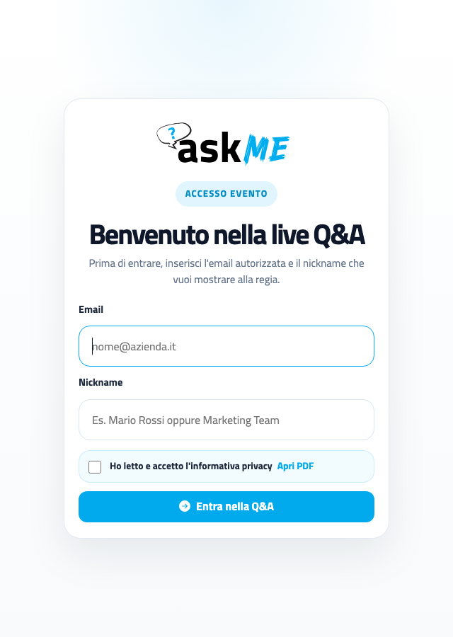 Schermata di accesso askMe alla live Q&A