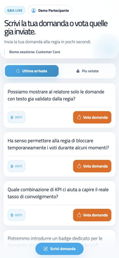 Schermata askMe con domande della platea votabili dal pubblico