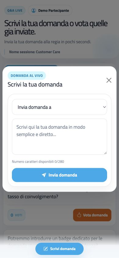 Schermata askMe per scrivere una domanda da inviare al relatore