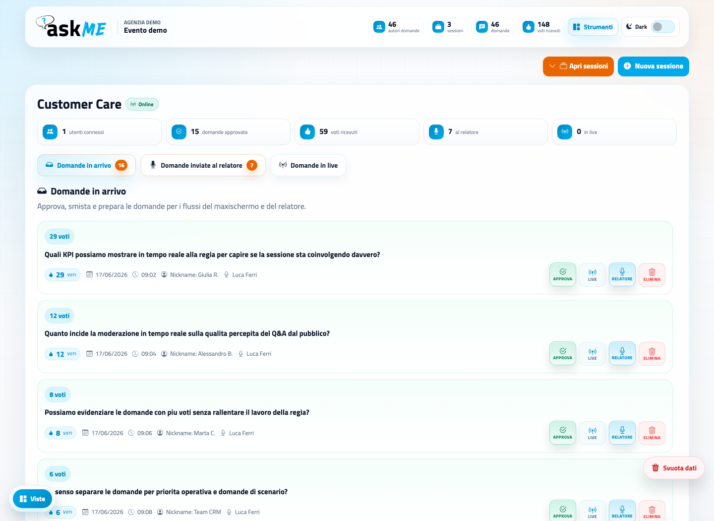 Regia askMe con domande in arrivo e comandi per relatore e maxischermo