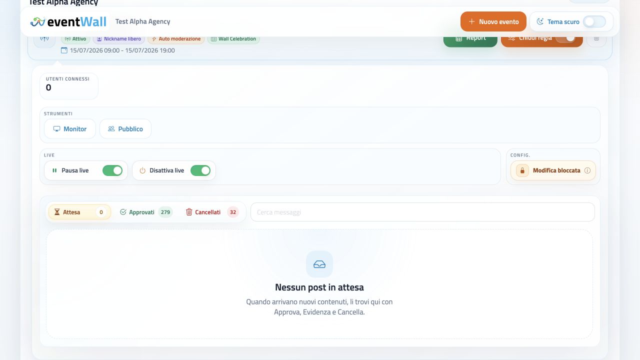 Dashboard regia eventWall con eventi e controlli live
