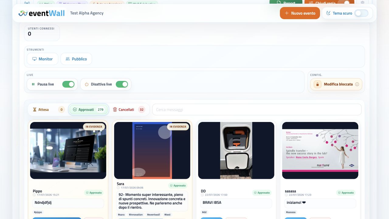 Regia eventWall con post approvati e contenuti in evidenza